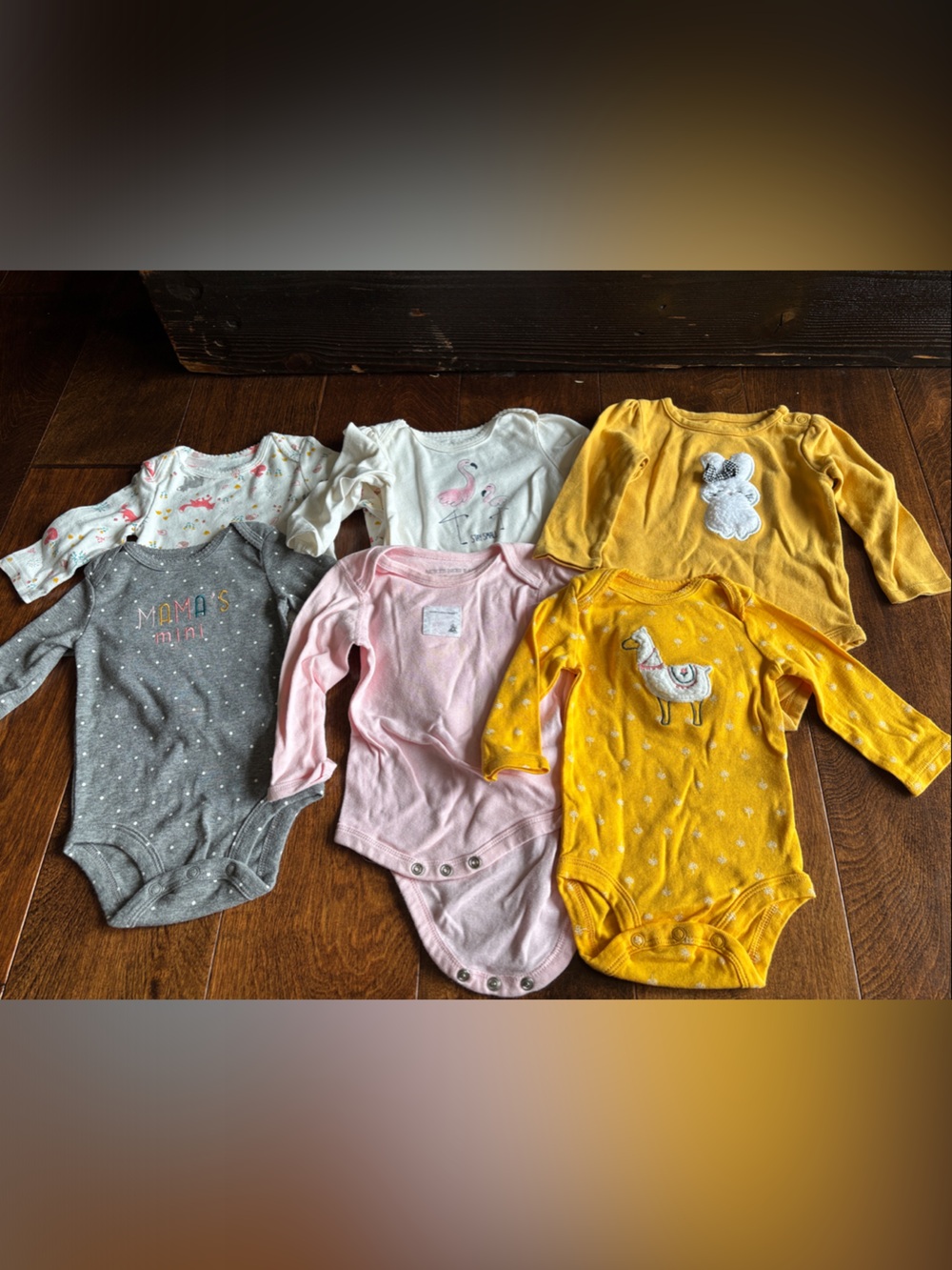 6 Baby Girls Long Sleeve Onesie Bundle - Gray, Pink, White, Mustard Yellow